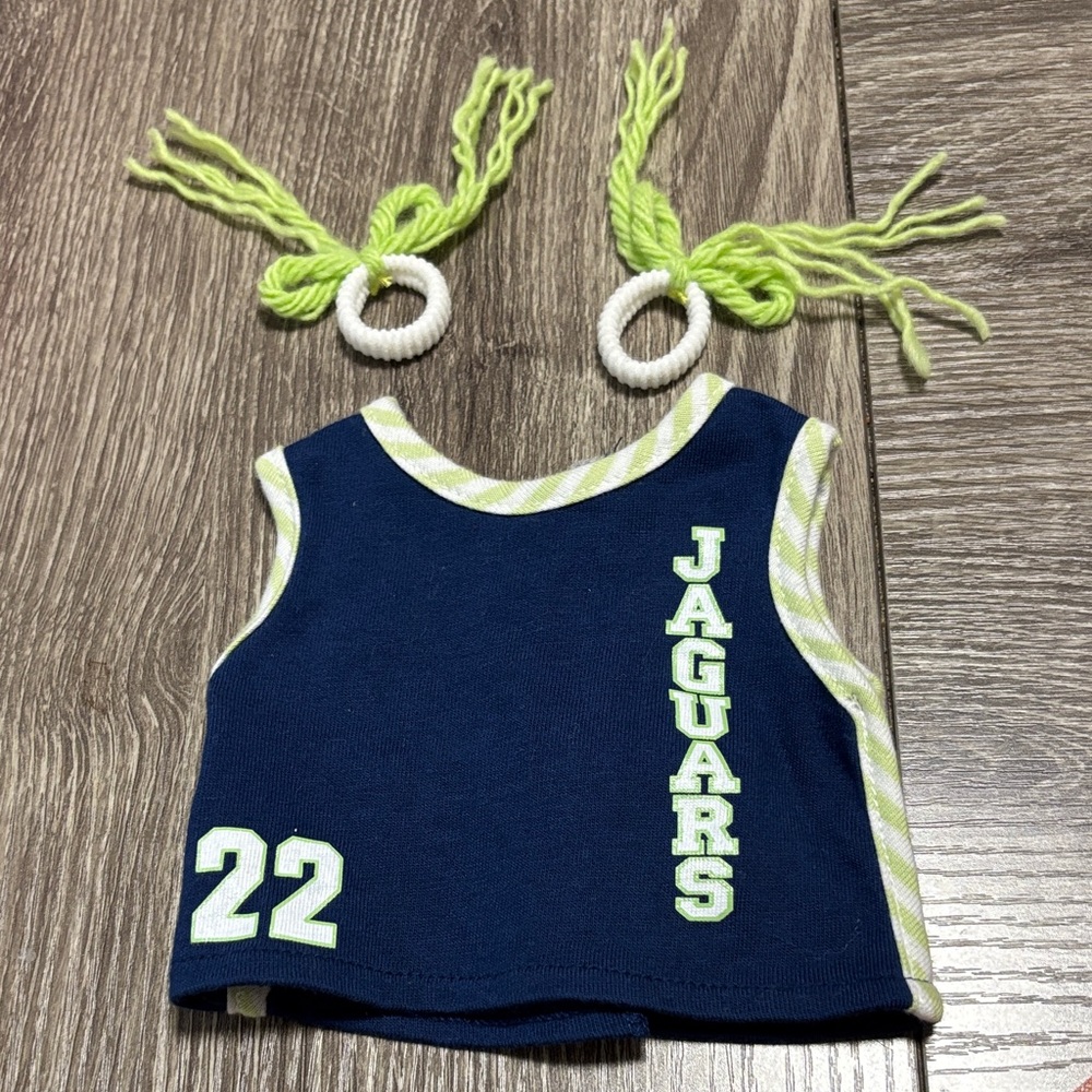 American Girl Julie's Basketball Uniform top and hair ties only Navy /Lime green
